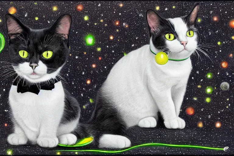 Image similar to a portrait of a beautiful black and white cat in space wearing a tuxedo with colorful bright green eyes, medium shot, hd, 8k, hyper-realism, detailed,