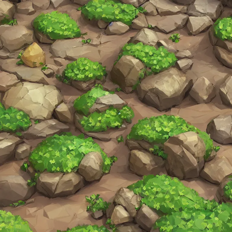 Image similar to a bunch of rocks with plants growing out of them, concept art by senior environment artist, polycount, plein air, 2 d game art, low poly