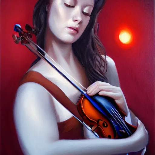 Prompt: woman violin, oil painting, artstation, dramatic lighting, symmetry, beautiful