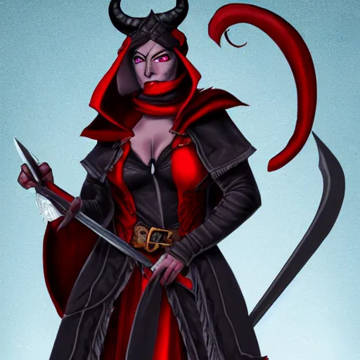 Image similar to Dungeons and Dragons character art of a female tiefling, red skin, black cloak, holding daggers