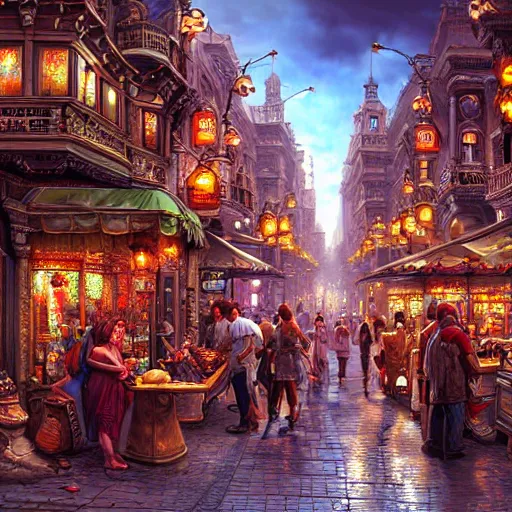 Image similar to a busy fantasy street scene from within a beautiful and ornate city, hyper realistic digital art, beautiful painting, detailed, cinematic, great composition