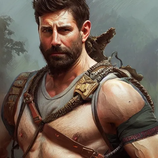 Image similar to portrait of a rugged ranger, muscular, upper body, hairy torso, D&D, fantasy, intricate, cinematic lighting, highly detailed, digital painting, artstation, concept art, smooth, sharp focus, illustration, art by Artgerm and Greg Rutkowski and Alphonse Mucha