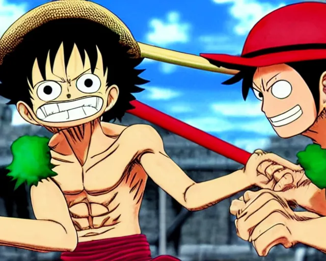 Prompt: Monkey D. Luffy and Roronoa Zoro fighting in Street Fighter III (1997)