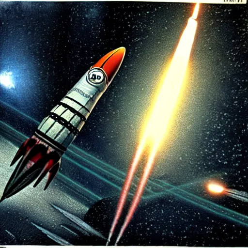 Prompt: an octane 3 d render of a rocket flying though space being chased by scary aliens in the style of h. r. giger, 1 9 7 3 photo from life magazine, smooth, ultra detailed,
