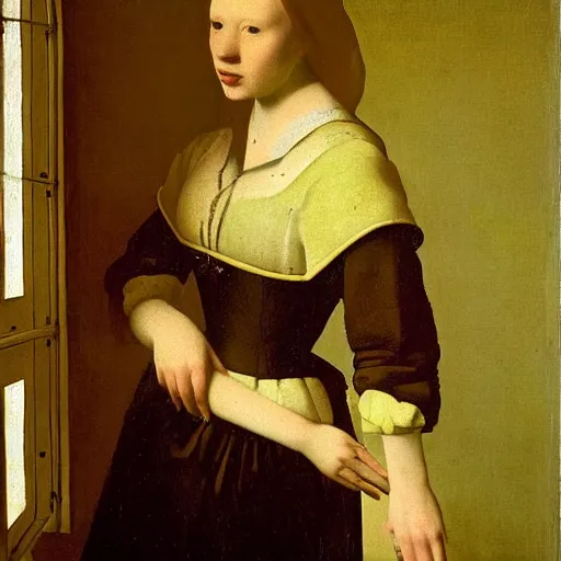 Image similar to portrait of Simone Simons by Johannes Vermeer