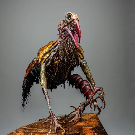 Image similar to photo taken of an epic intricate, ultra detailed, super realistic gritty, hero prop, exquisitely painted animatronic movie prop of a wet slimy grotesque nightmarish hellish winged avian creature displayed in the workshop, created by weta workshop, full body shot, photorealistic, sharp focus