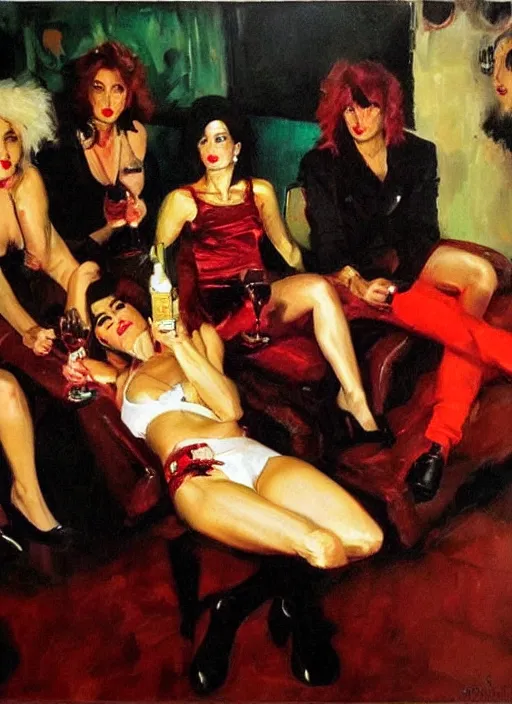 Image similar to glam rockers drinking brutal and raw wine, inside a green room with red lights by joaquin sorolla, phil hale, extremely detailed