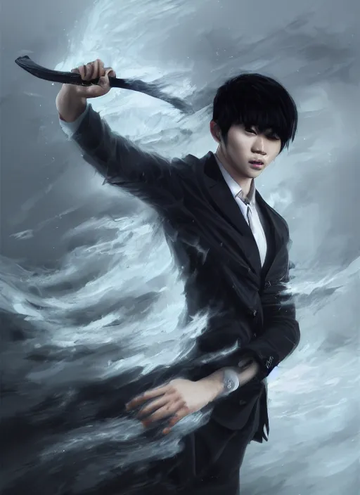 Prompt: a highly detailed illustration of korean man with bowl cut black hair wearing tie with giant black claws, wielding giant black fog claws pose, foggy black mist surrounding background, perfect face, intricate, elegant, highly detailed, centered, digital painting, artstation, concept art, smooth, sharp focus, league of legends concept art, wlop.
