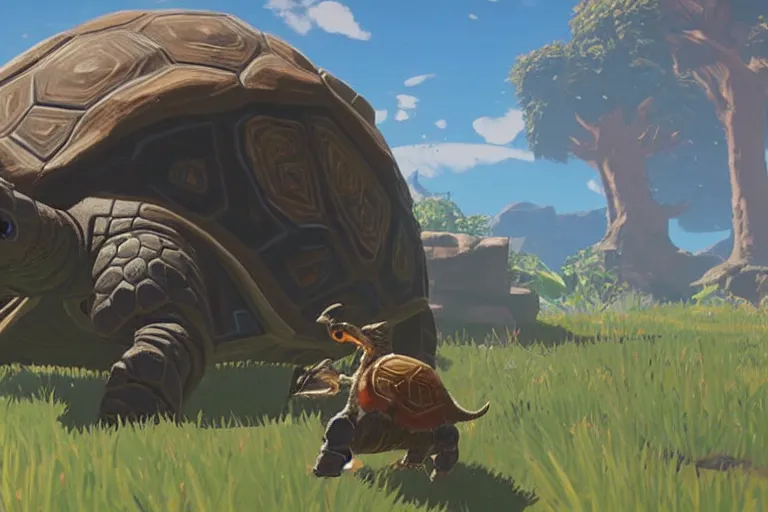 Image similar to in game footage of a tortoise from the legend of zelda breath of the wild, breath of the wild art style.