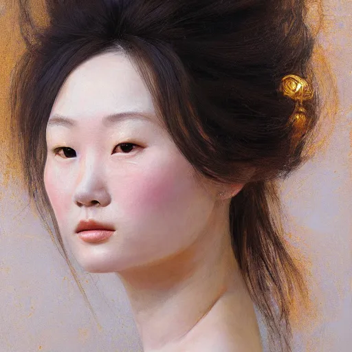 Prompt: high quality portrait painting of woman by Fenghua Zhong and Gustav Klimt, stunning, detailing, artstation trending, perfect lighting, golden hour, elegant, delicate, master work, face detailing