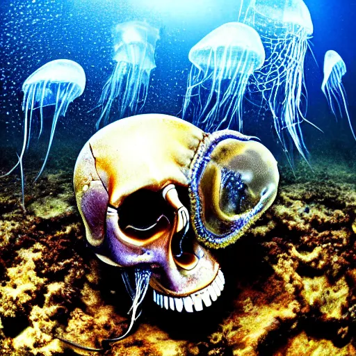 Image similar to underwater photograph of a jellyfish carrying a human skull with its tentacles on shallow waters, strange, hyper detailed, fractal, mutant, tendrils, tentacles, glowing, tropical, crystal waters, reef