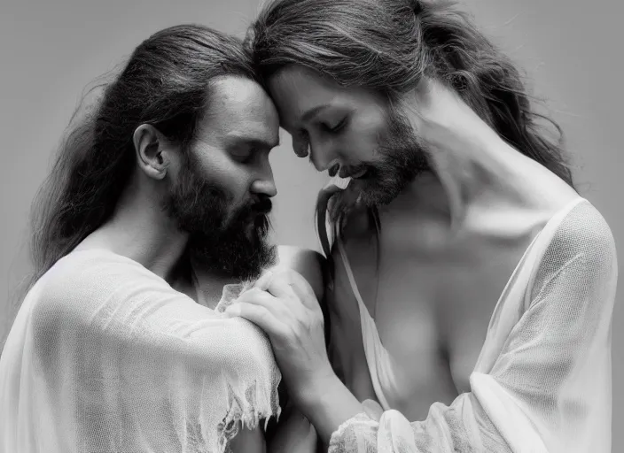 Image similar to couple, jesus hugging a woman, spirit hugs, in style of paolo roversi, britt marling style 3 / 4, a beautiful ethereal lace white robe, 8 k, soft focus, soft light, volumetric lighting, highly detailed realistic, refined, highly detailed, natural outdoor soft pastel lighting colors scheme