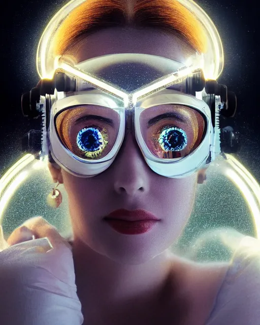Prompt: centered portrait of soulful young elizabeth taylor as a solarpunk mecha humanoid robotic parts wearing crystal goggles with bright led lights, real human face, pudica gesture bouguereau style, in white room, ultra - realistic and intricate, soft portrait shot 8 k