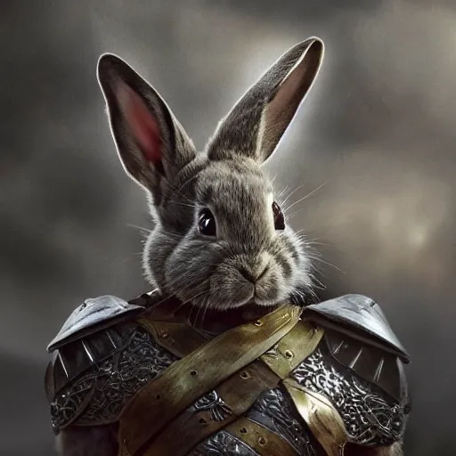 Image similar to a bunny wearing armour in the lord of the rings, elegant, highly detailed, digital painting, artstation, concept art, matte, sharp focus, highly detailed, 4 k, hdr, smooth, sharp focus, high resolution, award - winning photo, photorealistic, art by artgerm and greg rutkowski and alphonse mucha, large shot