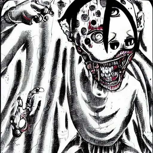 Image similar to manga panel, junji ito, body horror, horror, terrifying, nightmare fuel, scary,
