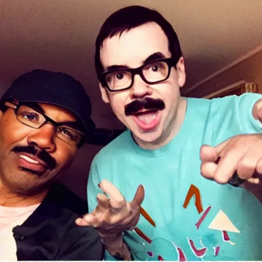 Image similar to a selfie of Steve Harvey and Rivers Cuomo From Weezer