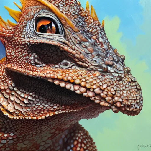 Prompt: frilled lizard, oleo painting, higly detailed, 8 k, photorealistic, art concept, artstation, sharp focus