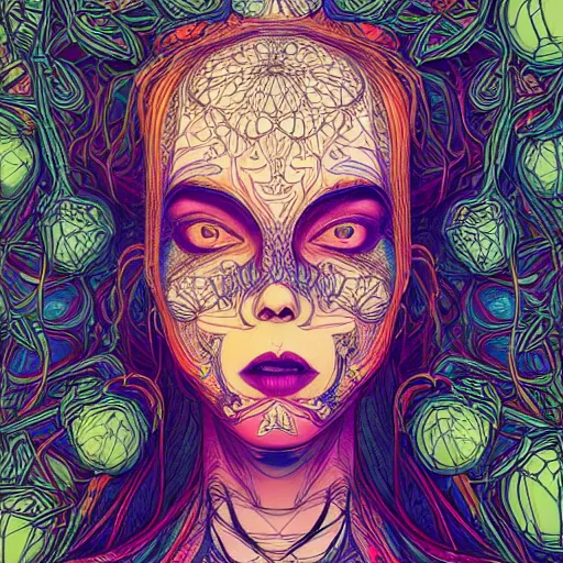 Image similar to the head of an incredibly gorgeous woman partially made of carrots and blueberries looking down, an ultrafine detailed illustration by james jean, final fantasy, intricate linework, bright colors, behance contest winner, vanitas, angular, altermodern, unreal engine 5 highly rendered, global illumination, radiant light, detailed and intricate environment