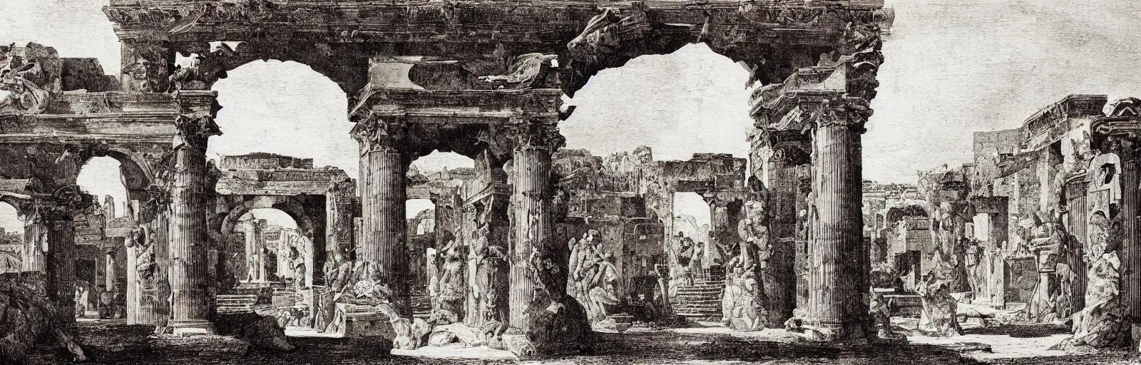 Image similar to a imaginative and theatrical view through the herculaneum gate, pompeii, etching by giovanni battista piranesi