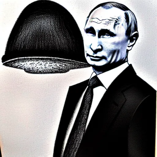 Prompt: vladimir putin with a nuclear mushroom cloud ushanka hat, cartoonish, ultra detailed pencil drawing