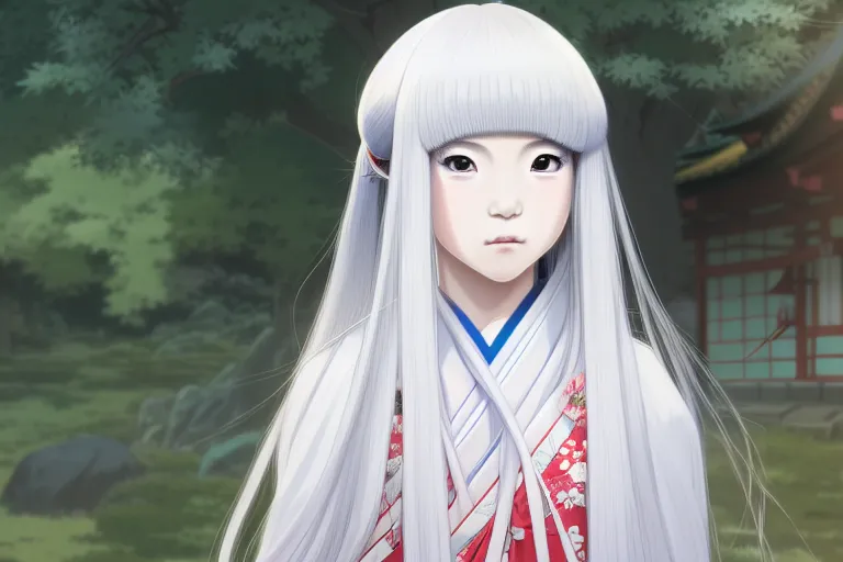 Image similar to portrait of a young japanese girl with long white hair in traditional clothing at a shinto shrine, fine detailed features, trending on pixiv fanbox, ilya kuvshinov makoto shinkai takashi takeuchi studio ghibli, akihiko yoshida, 4 k