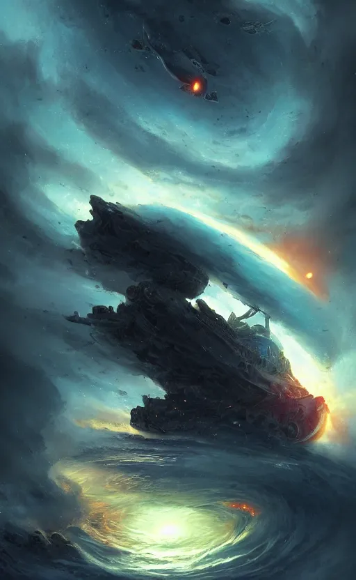Image similar to a beautiful illustration of a black hole devouring a pirate ship in a galactic nebula, art of greg rutkowski and magali villeneuve and artgerm, featured on artstation, vertical orientation, paint brush strokes