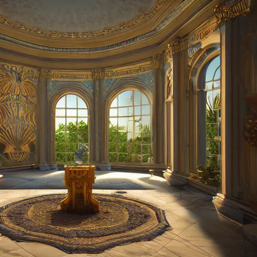 Image similar to vaporwave mansion, liminal space, high detail, rendered in unreal engine, 3d render, god rays, volumetric lighting, large windows, baroque, vegetation