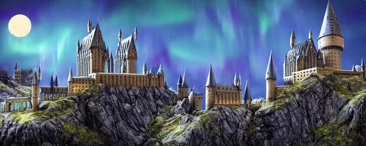 Image similar to Hogwarts in the mountains, forest, at night, blue aurora, shooting stars, matte painting, award winning, highly detailed