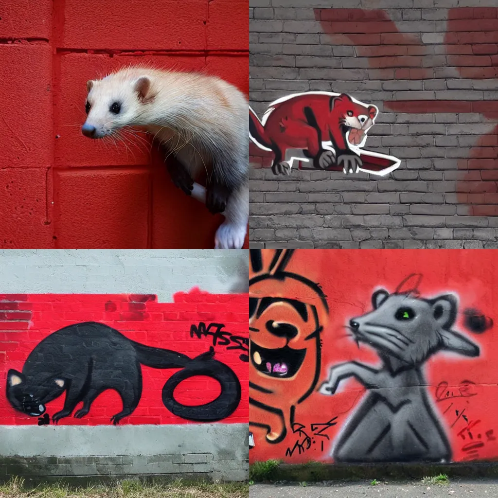 Prompt: ( ( ( red ) ( black ) ( furry fandom ) ( fursona ) ( weasel * ferret * stoat ) ) + ( smoke * backing ) ) = ( wall + graffiti )