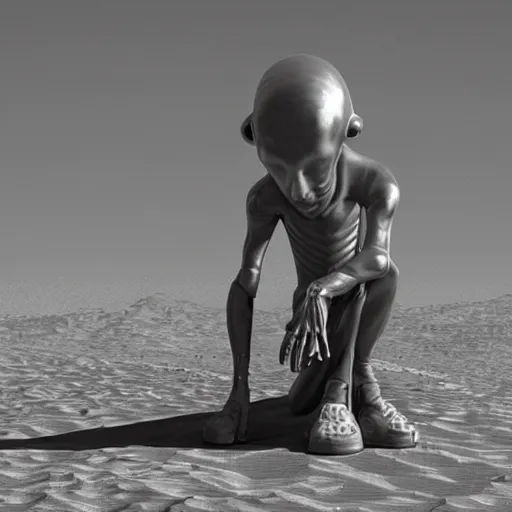 Image similar to a sad Roswell grey alien trying to repair his crashed burning spacecraft in the desert, a hologram by Alan Bean, featured on zbrush central, hurufiyya, zbrush, polycount, airbrush art