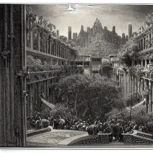 Image similar to the hanging gardens of babylon, gustave dore lithography