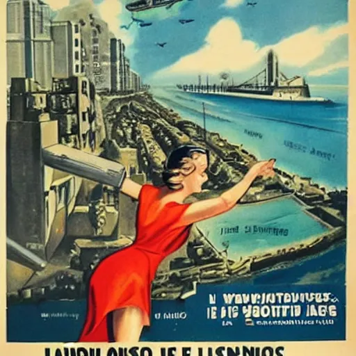 Image similar to ww 2 propaganda poster showing the tropical city of lagos nigeria