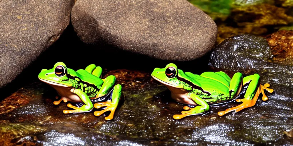 Image similar to A frog sitting on a glistening creek rock, flowing clear water creek bed, photorealistic