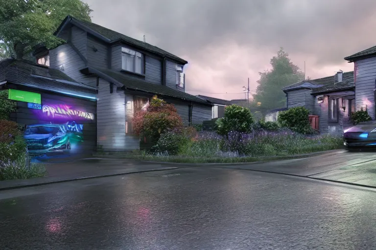 Image similar to cyberpunk, an estate agent listing photo, external view of a 5 bedroom detached city house in the UK, it's raining, car on the driveway, by Paul Lehr, highly detailed, photorealistic, unreal engine, 8k, anamorphic, cinestill cinematrography