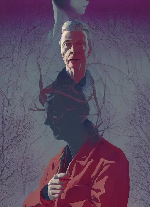 Prompt: poster artwork by Michael Whelan and Tomer Hanuka, Karol Bak of Alan Watts, from scene from Twin Peaks, clean