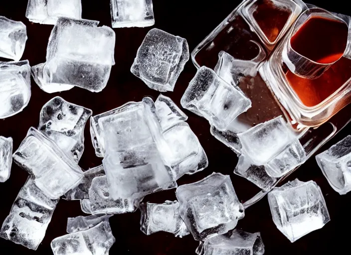 Prompt: a huge amount of ice cubes and a single shot of espressor, food photography, incredible lighting
