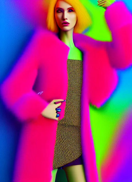 Image similar to coat for a rave, bright colors, many details, prints, photo for a magazine, photo for a store, fashion photography, Vogue, 135 mm, cinematic, hyper realism, high detail, octane render, 8k, chrome accents