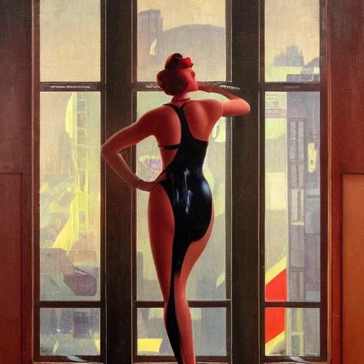 Image similar to retrofuturistic 1 9 3 0 s detailed oil painting of a woman in a window, cyberdeco catsuit, electronic billboards, tech noir, wet reflections, atmospheric, ambient, alexis flower, hopper, mucha, wlop, gil elvgren, grant wood,, livia prima, george tooker, greg rutkowski, whistler, norman rockwell, peter max