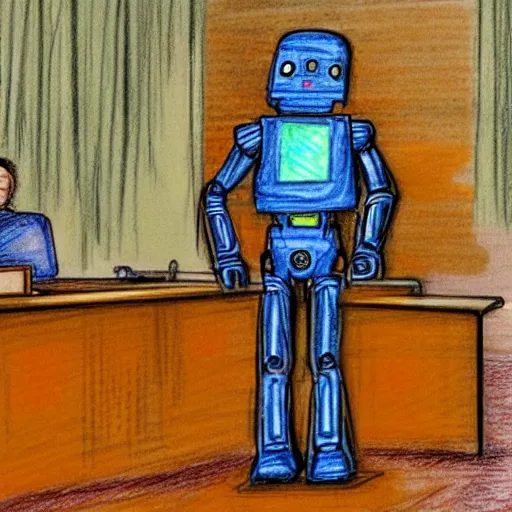 Prompt: humanoid robot testifying on stand in courtroom, courtroom sketch, messy color pencil sketch, droid