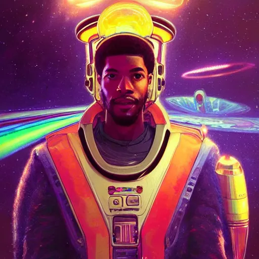 Image similar to scifi character portrait of Kid Cudi piloting a spaceship, light leak, rainbow spectrum, intricate, wild, highly detailed, digital painting, artstation, concept art, smooth, sharp focus, illustration, art by artgerm and greg rutkowski and alphonse mucha