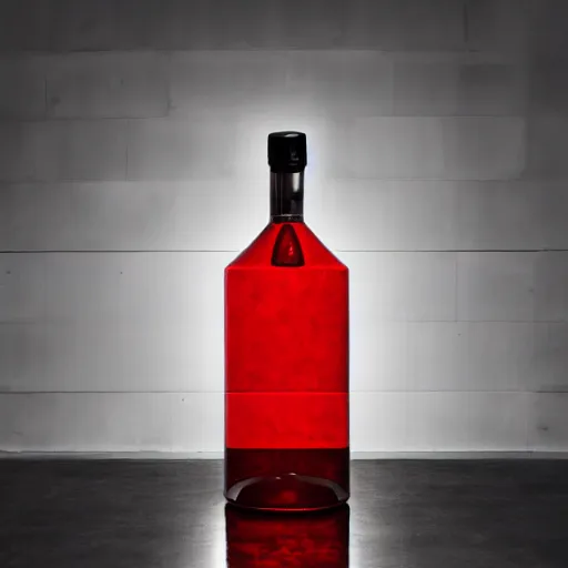 Prompt: an award - winning photo of a translucent glass vodka bottle in the shape and style of a propane cylinder with a red gradient in a warehouse, dramatic lighting, sigma 2 4 mm, wide angle lens, ƒ / 8, behance