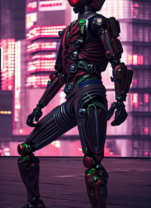 Prompt: kamen rider action pose, human structure concept art, human anatomy, full body hero, intricate detail, hyperrealistic art and illustration by irakli nadar and alexandre ferra, global illumination, on tokyo cyberpunk night rooftop, frostbite engine