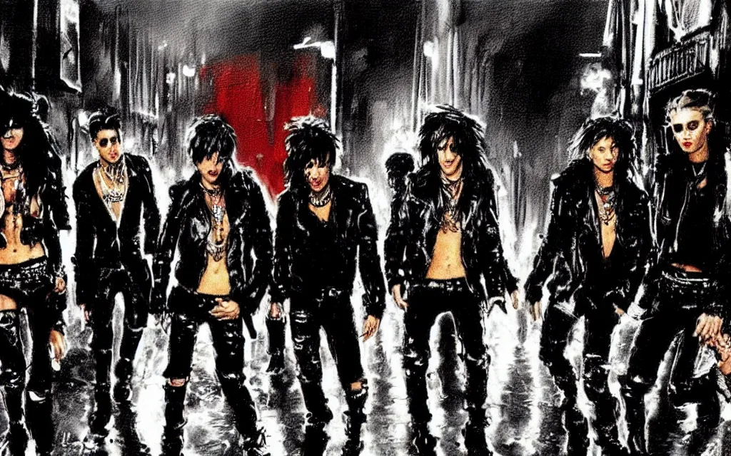 Image similar to !dream concept art, four glam rockers dressd as a mix of hooligans and whores, walking down a dark wet london alley at night, by ashley wood, by roger deakins, atmospheric