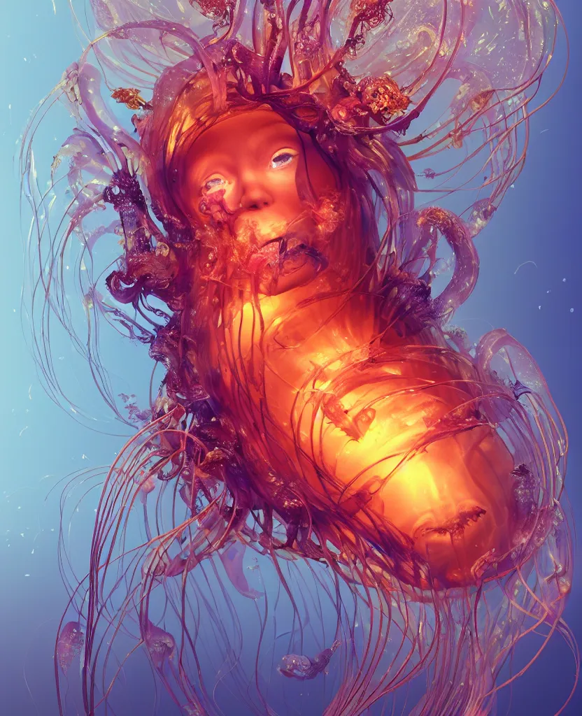 Prompt: close-up portrait of the face of a beautiful princess in a twisted flowers orchid jellyfish mask surrounded by energy flow, epic angle and pose, symmetrical artwork, 3d with depth of field, blurred background, floating jellyfish skull phoenix bird, translucent, nautilus, energy flows of water and fire. a highly detailed epic cinematic concept art CG render. made in Maya, Blender and Photoshop, octane render, excellent composition, cinematic dystopian brutalist atmosphere, dynamic dramatic cinematic lighting, aesthetic, very inspirational, arthouse. y Greg Rutkowski, Ilya Kuvshinov, WLOP, Stanley Artgerm Lau, Ruan Jia and Fenghua Zhong