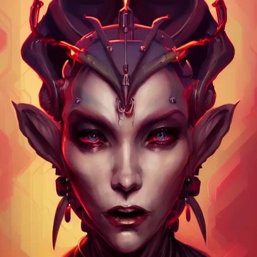 Image similar to a portrait of a beautiful demonic cybernetic queen of hell, cyberpunk concept art by pete mohrbacher and wlop and artgerm and josan gonzales, digital art, highly detailed, intricate, sci-fi, sharp focus, Trending on Artstation HQ, deviantart, unreal engine 5, 4K UHD image