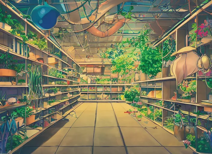 Image similar to pleasing two - point - perspective anime background clean neat clarity professional visual development set design, tiny cozy store with many hanging bird cages and orderly shelves of bright fish aquariums, neat rows of sparse planted terrariums, dim painterly lighting volumetric aquatics, impasto, trending on pixiv