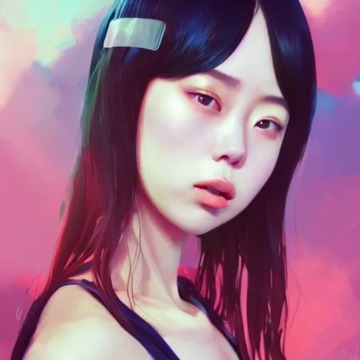 Image similar to a beautiful young korean kpop star billie eilish lucy liu alluring instagram model in elaborate latex bikini tank top, tank top made from latex demon faces, by guweiz and wlop and ilya kuvshinov and artgerm and, aesthetic, gorgeous, stunning, alluring, attractive, artstation, deviantart, pinterest, digital art