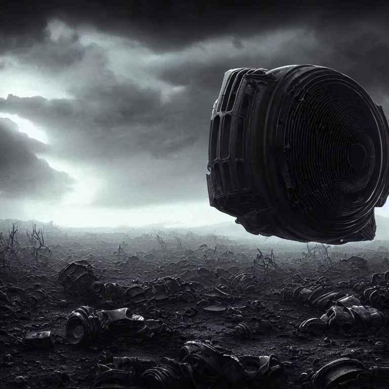 Image similar to surreal mysterious abandoned ribbed broken old crt monitor in the foreground, in wastelands on exoplanet, dark clouds, dark washed tint black, dream-like heavy atmosphere, dark baroque painting, beautiful detailed intricate insanely detailed octane render trending on Artstation, 8K artistic photography, photorealistic, dramatic volumetric cinematic perfect light, chiaroscuro, award-winning photograph, masterpiece, Raphael, Caravaggio, Beksinski, Giger