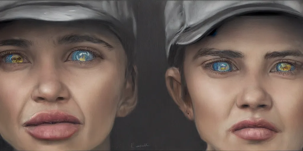 Prompt: highly detailed portrait painting of truck driver and angelina joile, perfect symmetrical eyes, by eddie mendoza and tyler edlin, 8 k resolution