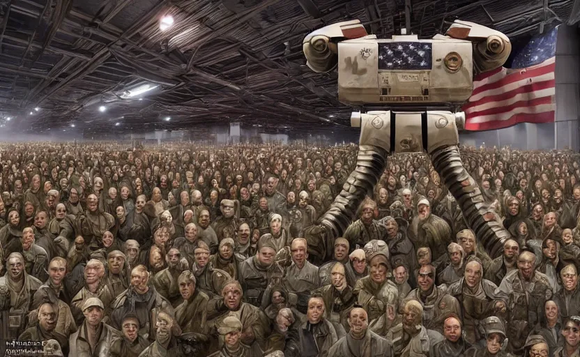 Image similar to american rednecks hail the invasion of gigantic human - like robots created by trump, artstation hq, stylized, symmetry, modeled lighting, expressive, studio photo refined, highly detailed, hyper realistic, top secret photos from military archive